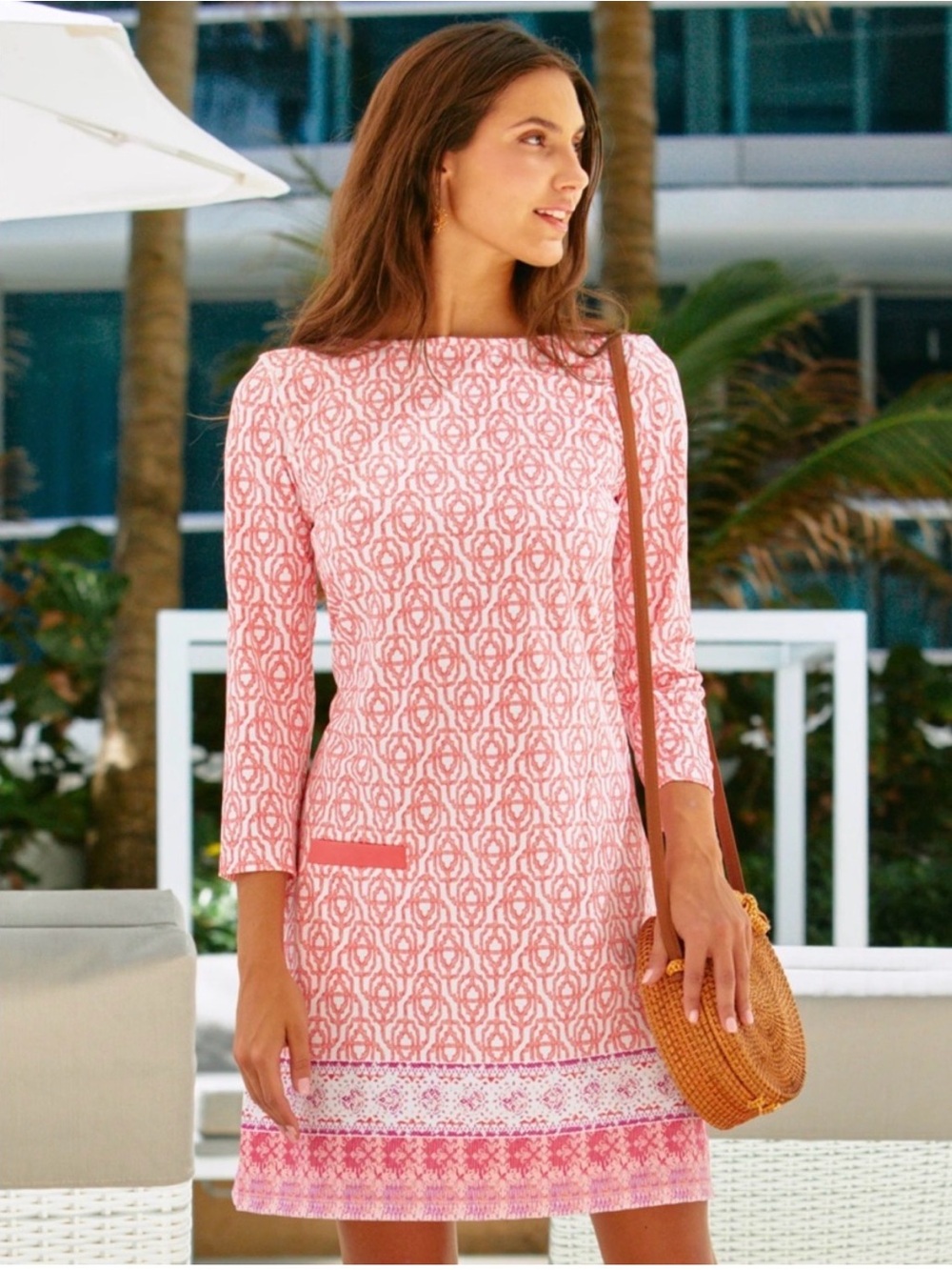 Cabana Life Amelia Island Cabana Shift Dress Coral-White Geometric Pattern Small